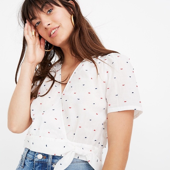 MADEWELL • Short Sleeve Wrap Top in Red and Blue Clipdot - Size S - Picture 2 of 13